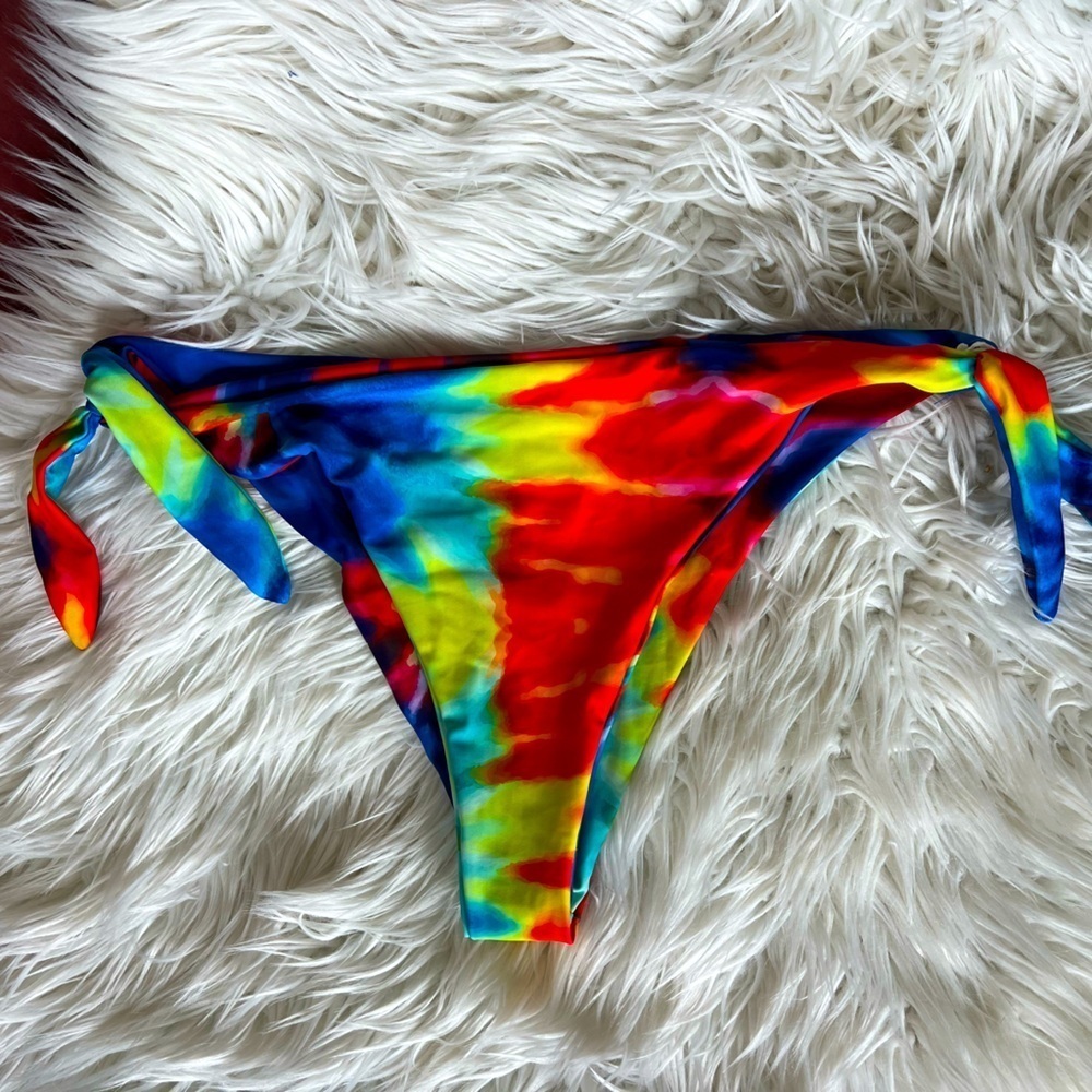 Rainbow Tie-Dye Bikini Bottoms M | Adjustable Side Tie Swimwear Y2K Festival